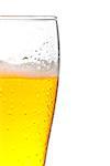 half glass of fresh beer with drops on white background, with space for text