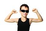 Sport child boy showing his hand biceps muscles strength isolated on white background