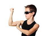 Sport child boy showing his hand biceps muscles strength isolated on white background