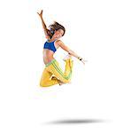 A dancer jumps in a zumba choreography