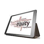 Equity word cloud on tablet image with hi-res rendered artwork that could be used for any graphic design.