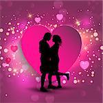 Silhouette of a couple kissing on a heart background
