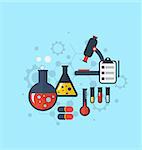 Illustration template for showing various tests being conducted in laboratory glassware using chemical solutions and reactions. Modern flat style - vector