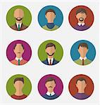 Illustration set colorful male faces circle icons, trendy flat style - vector