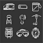Set of white flat line vector icons for outfit and equipment for rappelling, rock climbing on black background.