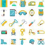 Set of flat colored vector icons for equipment and outfit for rock climbing, alpinism, mountaineering on white background for your site.
