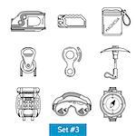 Black flat line icons vector collection of equipment for rock climbing and alpinism on white background.