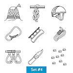 Black flat line icons vector collection of items for rock climbing and alpinism on white background.