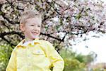 smiling adorable boy at spring time with blooming tree in the background
