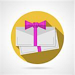 Yellow circle flat vector icon for blank envelope for gift card with pink ribbon bow on gray background with long shadow.