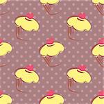 Seamless vector pattern with tile lemon cupcakes, muffins, sweet cake with pink heart on top and polka dots on violet background with sweets for desktop wallpaper or culinary blog website