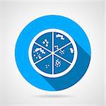 Blue flat vector icon with white silhouette Petri dish with colonies of microorganisms for laboratory on gray background with long shadow.