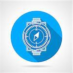 Blue flat vector icon with white line compass on gray background with long shadow.