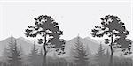 Seamless, mountain landscape with pines, conifer trees, birds and grass, gray silhouettes. Vector