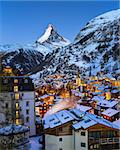 Aerial View on Zermatt Valley and Matterhorn at Dawn, Zermatt, Switzerland