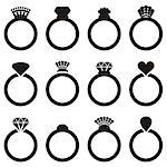 Black vector engagement or wedding ring icons isolated