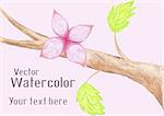 Gentle fairy tale pink watercolor flower on branch of tree. Vector background