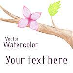 Vector hand-drawn background with fairy tale pink watercolor flower on branch of tree. Vector illustration