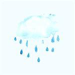 Stylized blue fluffy watercolor cloud and drops or rain with smudges. Vector illustration