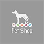 Pet shop logo with doggy sign and what dog needs for pet salon or store icons, vector illustration