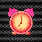 colorful illustration  with pink alarm clock on dark perforated metal background