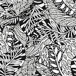 Doodling hand drawn seamless background with feathers and patterns, vector illustration