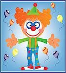 Greeting card with clown a balloons on blue background