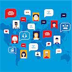 Social network concept People avatars with speech bubbles business icons for web on world map background Vector illustration