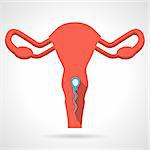 Abstract flat color vector icon for red uterine with sperm on white background.