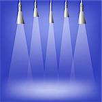 Spotlights on blue  background. Place for exhibit. Abstract image of concert lighting. Graphic Design Useful For Your Design.Spotlight background with lamps.