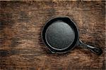 Vintage cast iron skillet on rustic wood background. Food background with copyspace