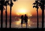 Silhouette of a couple holding hands against a sunset sky