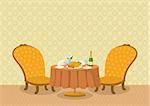 Restaurant background with yellow wall, two chairs and a little dining table with plates, napkins, glasses, champagne bottle and chicken on platter, cartoon illustration. Eps10, contains transparencies. Vector