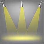 Spotlights on dark  background. Place for exhibit. Abstract image of concert lighting. Graphic Design Useful For Your Design.Spotlight background with lamps.