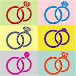 Vector wedding rings pairs joined together retro package