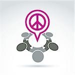 People chat on harmony idea.  Conceptual  antiwar sign from 60th, hippy icon.  Speech bubble with a global peace symbol.