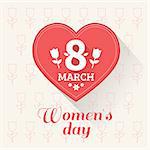 March 8 Women's Day greeting card. With red heart and tulips pattern. Vector illustration