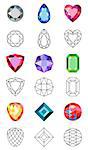 Flat style low poly colored & black outline template gems cuts jewelry icons isolated on white background, vector illustration