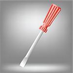 Single slotted screwdriver with plastic grip.  Red screwdriver on grey background.