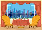 Restaurant background with two chairs and dining table with plates, napkins, glasses and flower in front of the window with view of big city, cartoon illustration. Eps10, contains transparencies. Vector