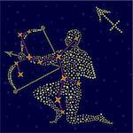 Zodiac sign Sagittarius on a background of the starry sky with the scheme of stars in the constellation, vector illustration