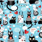 Graphic seamless pattern with hearts in love cats