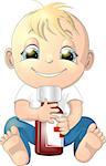 A child holds a bottle of medicine on a white background