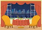 Restaurant background with two chairs and dining table with plates, napkins, glasses, champagne bottle and potato dish on a platter in front of the window with view of big night city, cartoon illustration. Eps10, contains transparencies. Vector