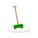 Green snow shovel standing in snow on white background