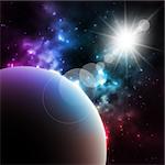 Photorealistic Galaxy background with planet and shining sun. Vector illustration.