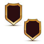 Renown vector black shield shape emblems with golden borders, 3d polygonal design elements, clear EPS 8.