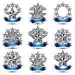 Set of silvery heraldic 3d glossy icons, best for use in web and graphic design, pentagonal silver stars, clear EPS 8 vector luxury symbols.