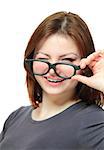 Portrait of a young lady wearing glasses with black frame on white background