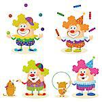 Set of cheerful kind circus clowns in colorful clothes juggling balls and candies and training dogs, holiday illustration, funny cartoon characters, isolated on white background. Vector